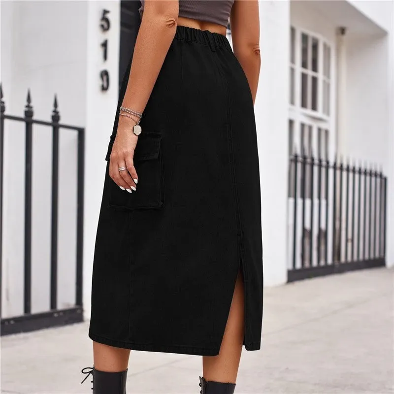 Solid Color Versatile Workwear Midi Denim Skirt