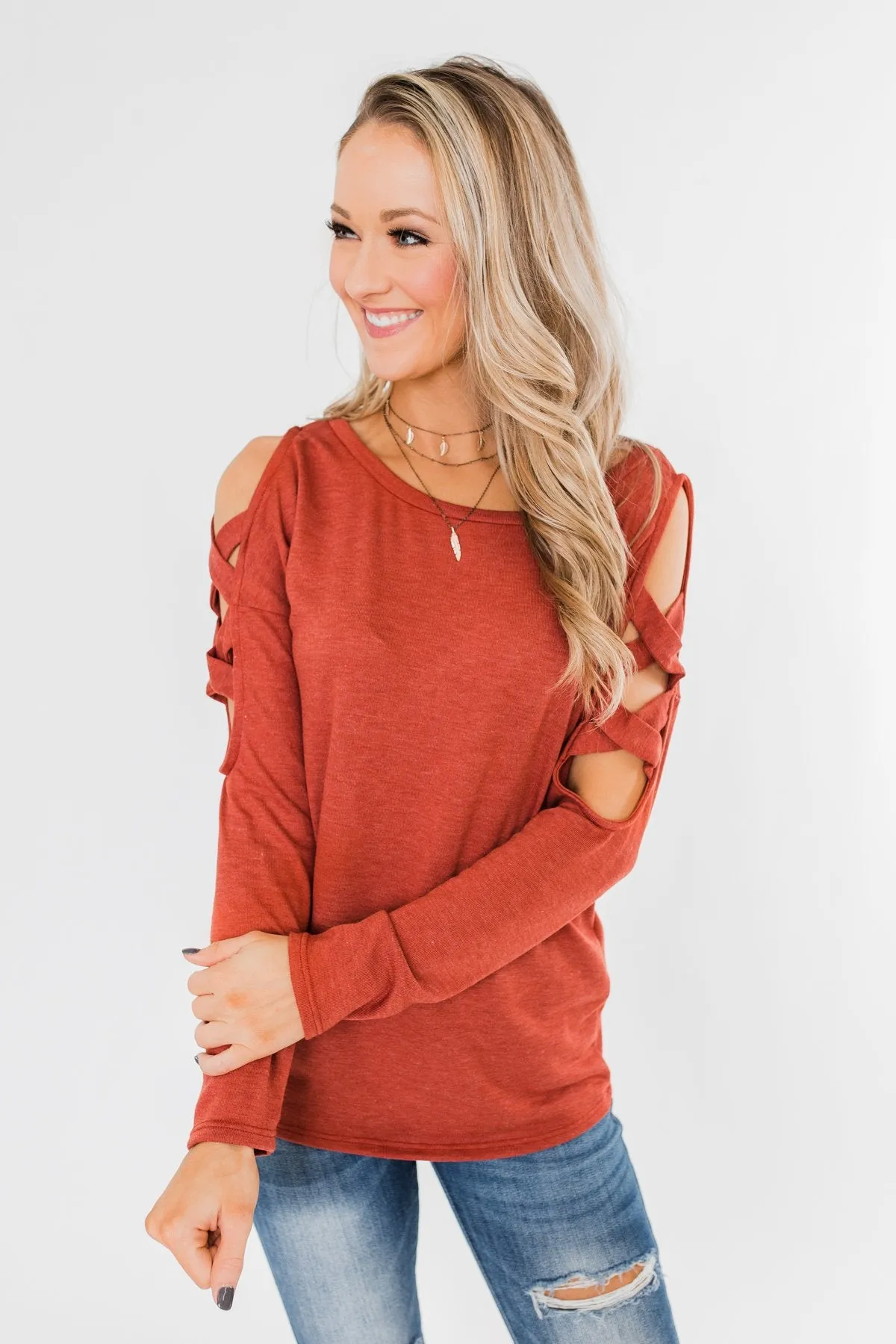 Something More Exciting Cold Shoulder Top- Rust
