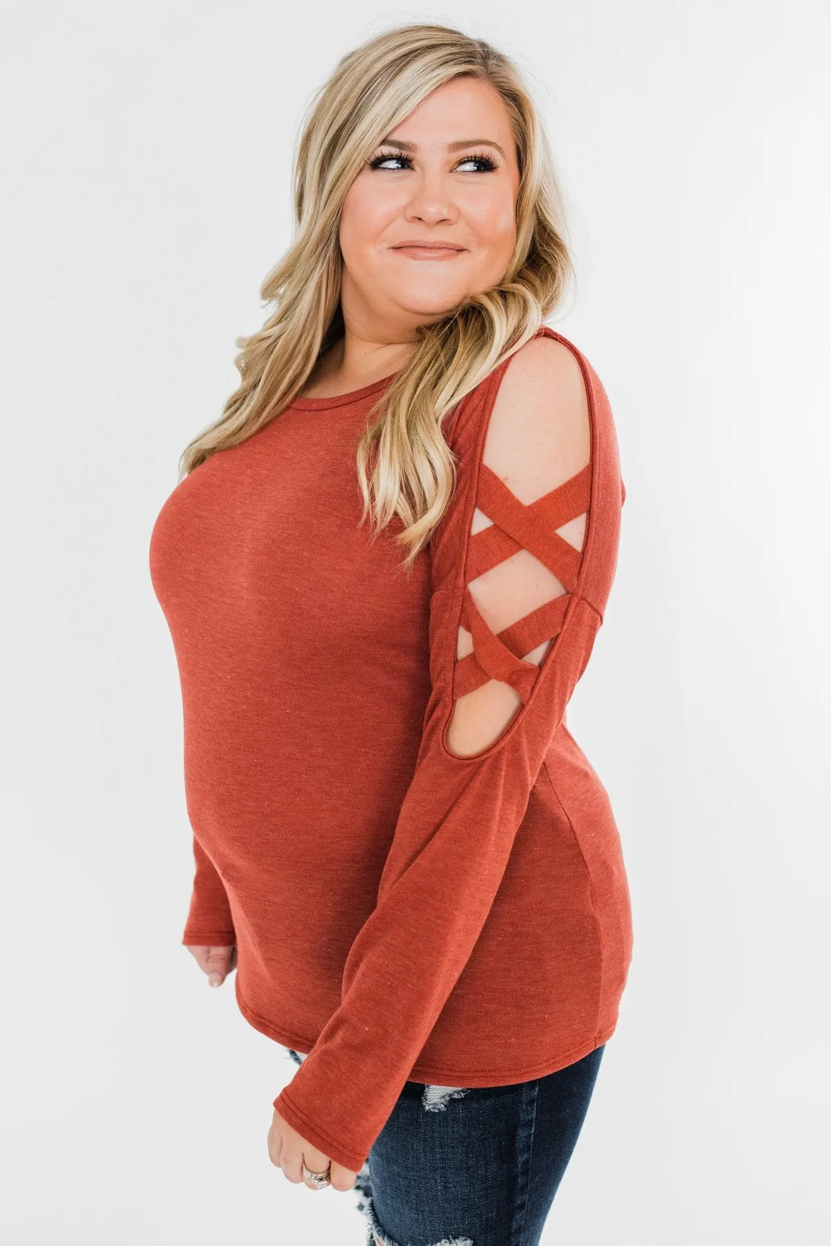 Something More Exciting Cold Shoulder Top- Rust