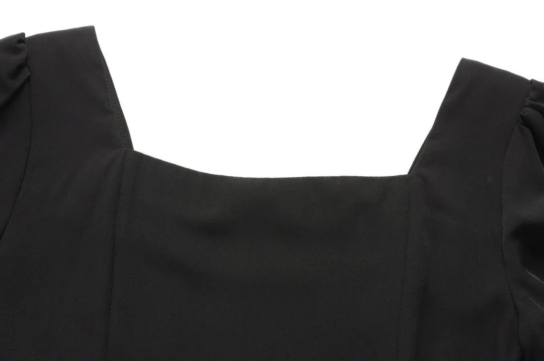 Sophisticated Solid Color Retro Dress Featuring Pleats and a Square Neck