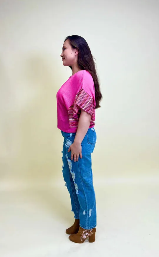 Southern Grace Keep Me Updated Pink Knit Top With Striped Sleeves