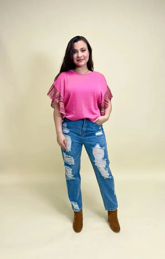 Southern Grace Keep Me Updated Pink Knit Top With Striped Sleeves