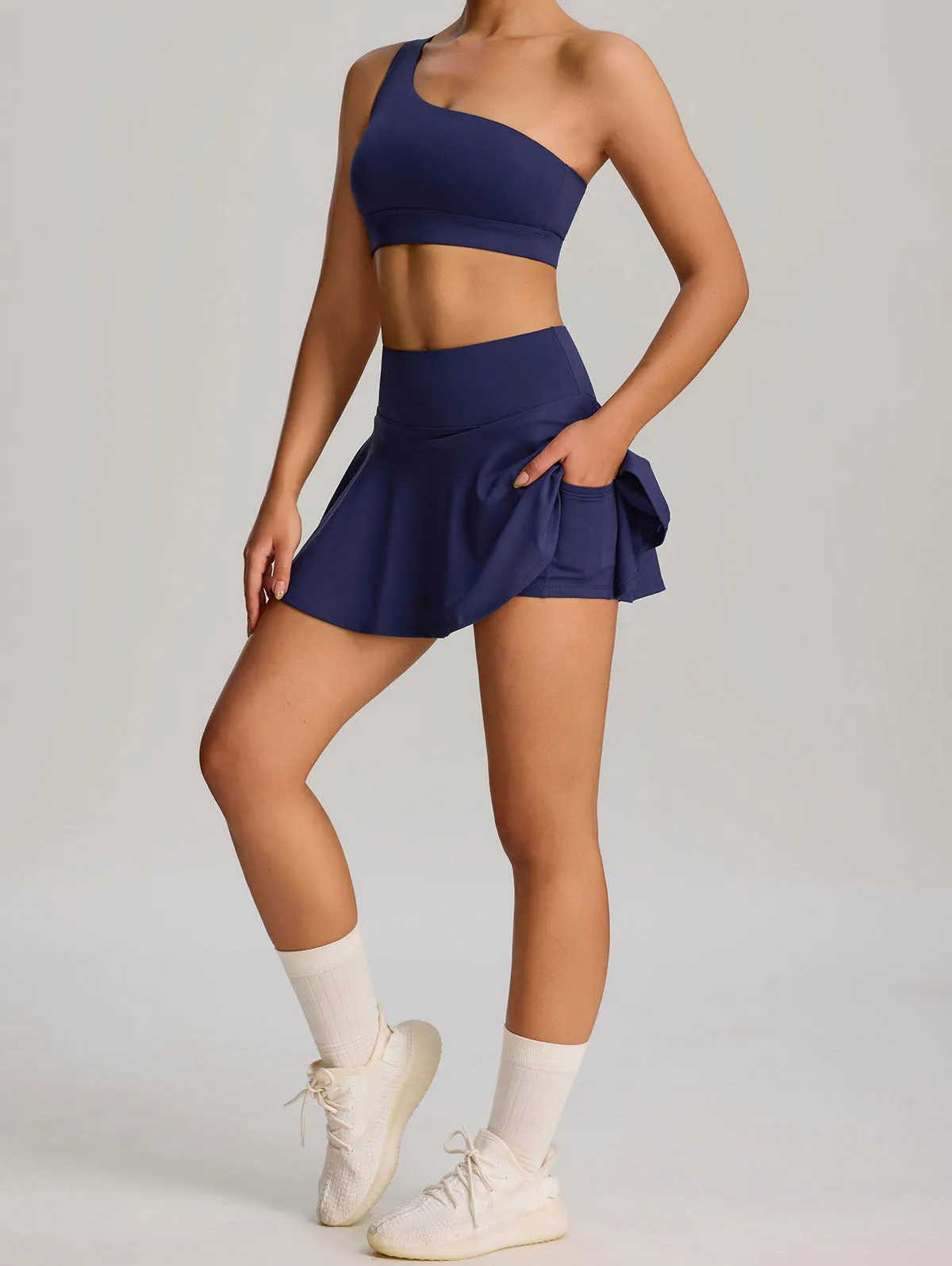 Sport Wear Set with One Shoulder Strap Bra and Skirt