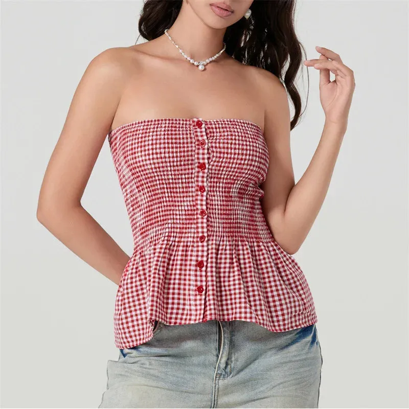 Strapless Plaid Print Ruffle T-Shirt