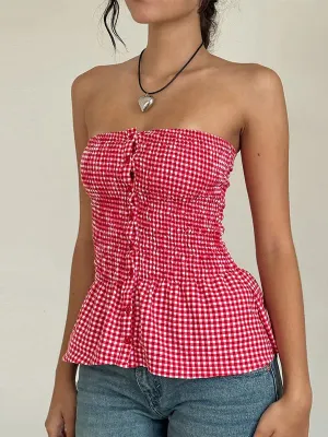 Strapless Plaid Print Ruffle T-Shirt
