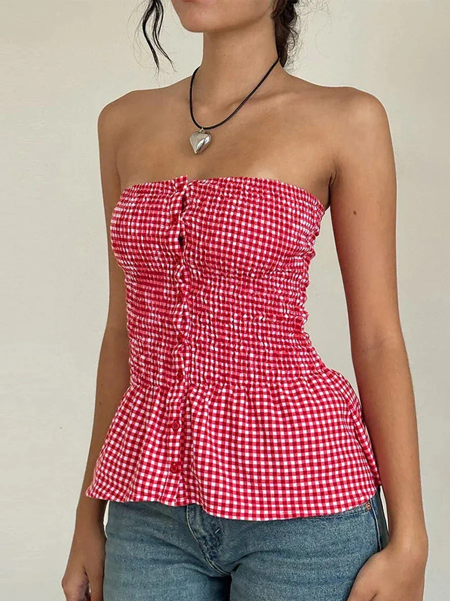 Strapless Plaid Print Ruffle T-Shirt