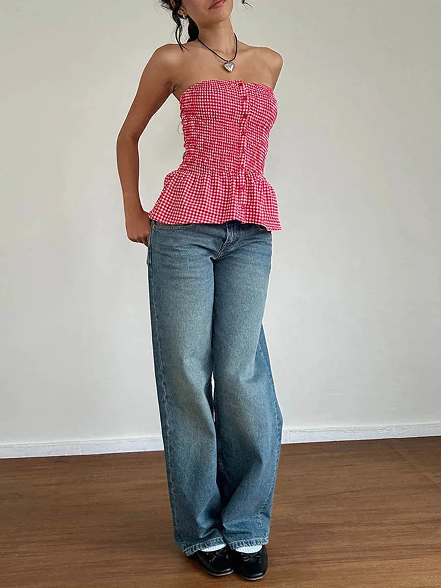 Strapless Plaid Print Ruffle T-Shirt