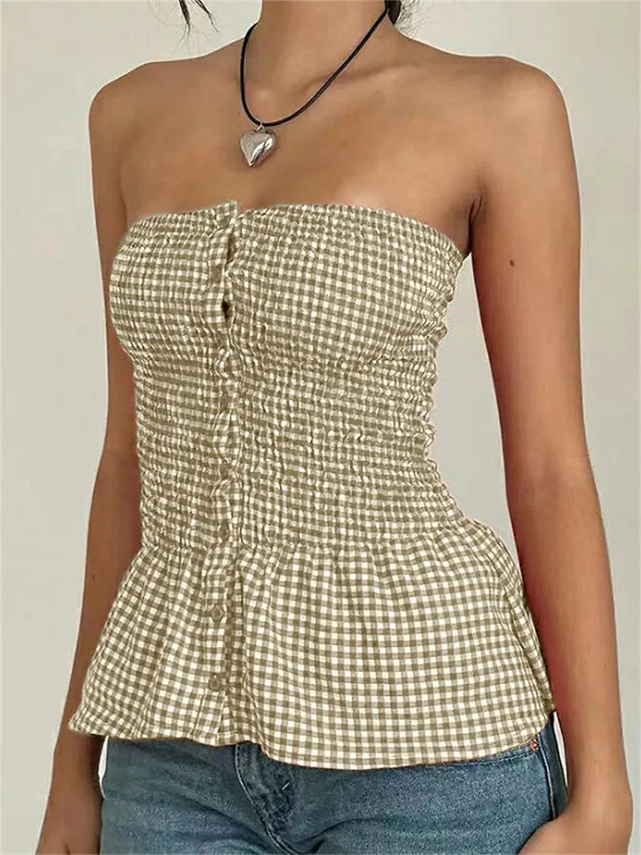 Strapless Plaid Print Ruffle T-Shirt