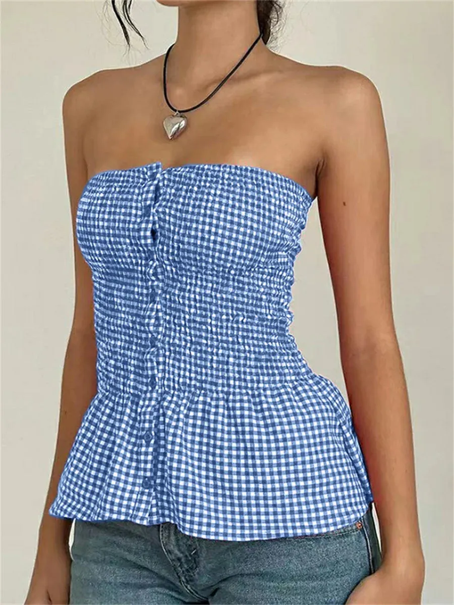 Strapless Plaid Print Ruffle T-Shirt