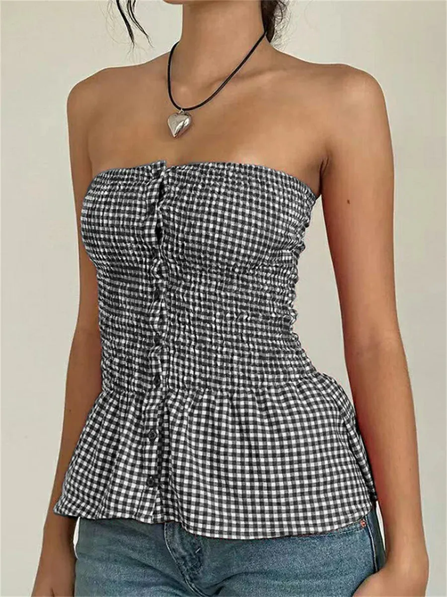 Strapless Plaid Print Ruffle T-Shirt