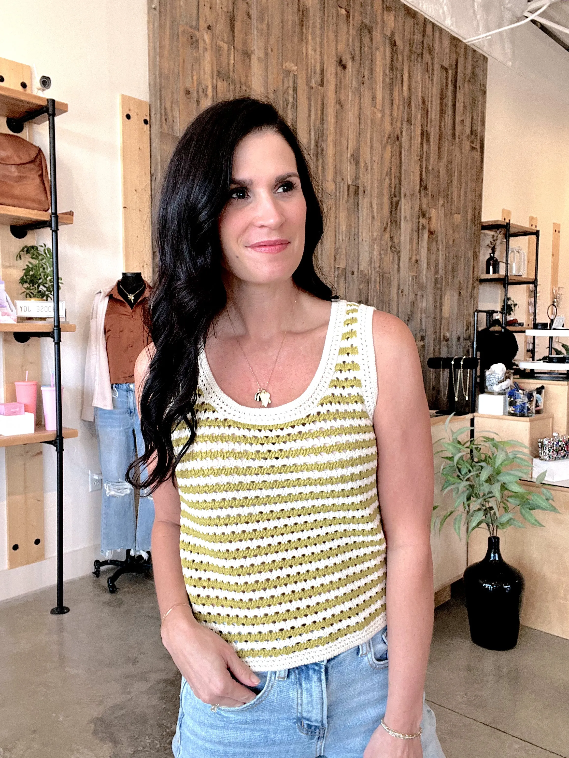 Striped Crochet Knit Tank Top in Kiwi