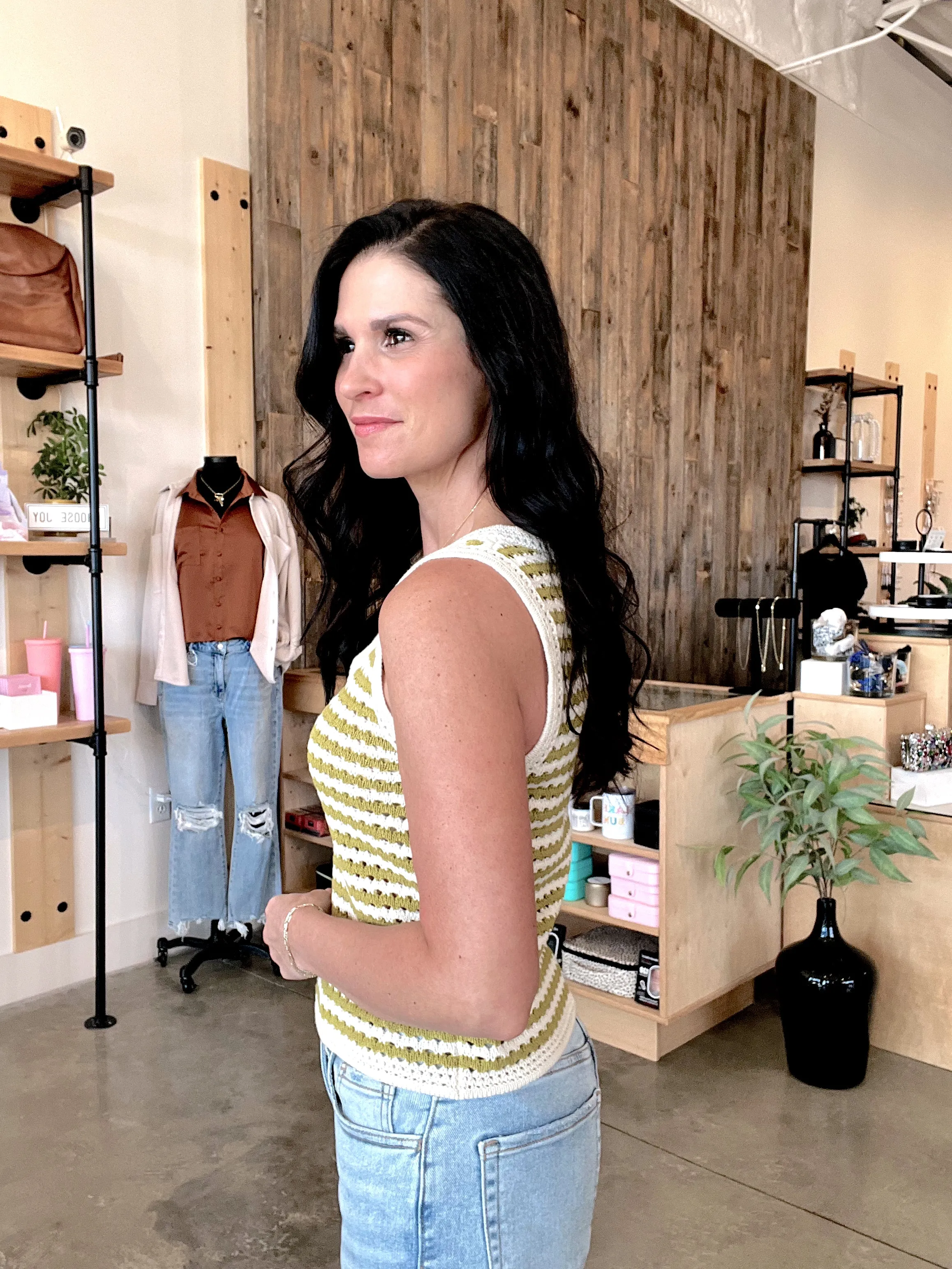 Striped Crochet Knit Tank Top in Kiwi