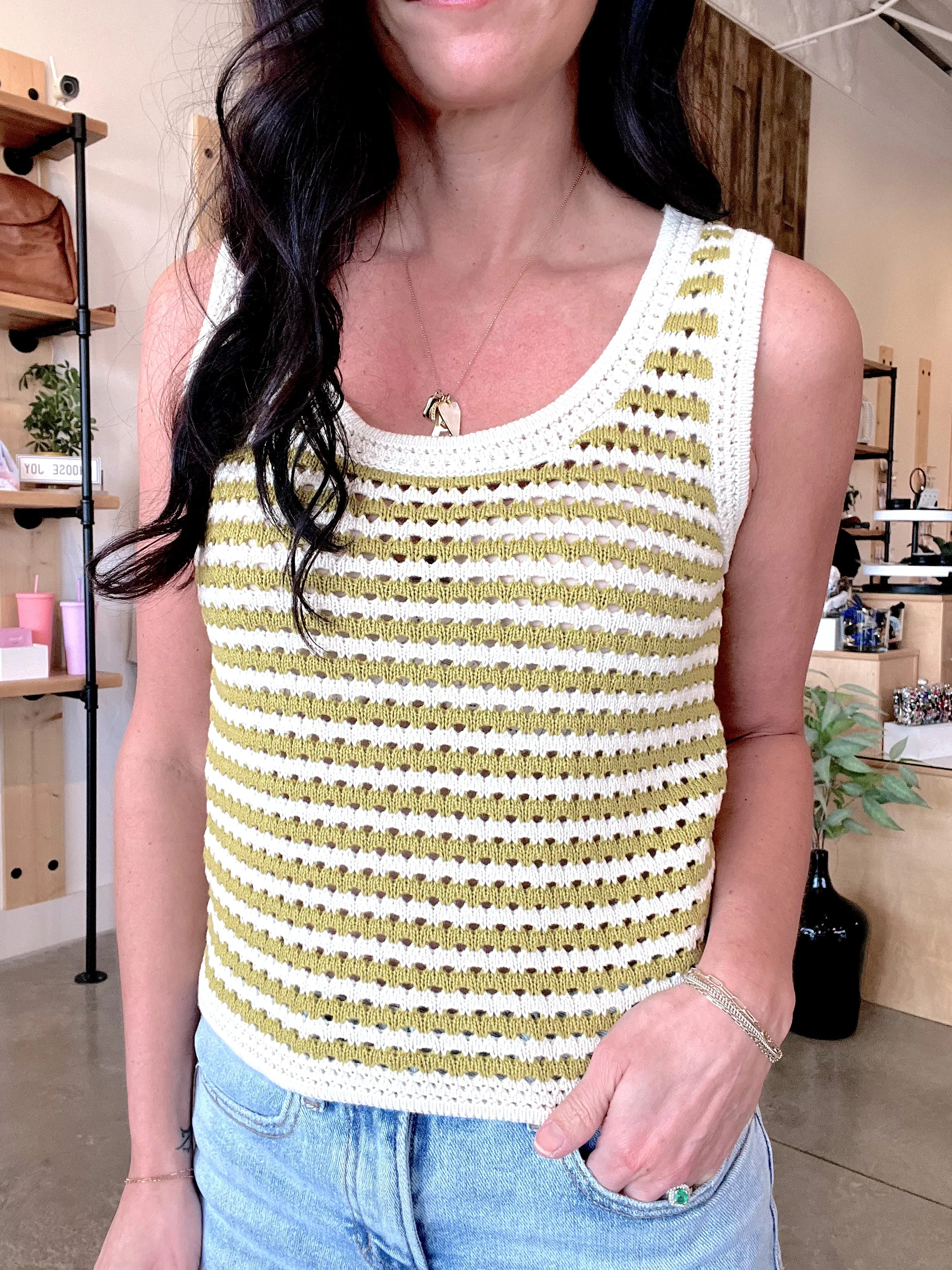 Striped Crochet Knit Tank Top in Kiwi
