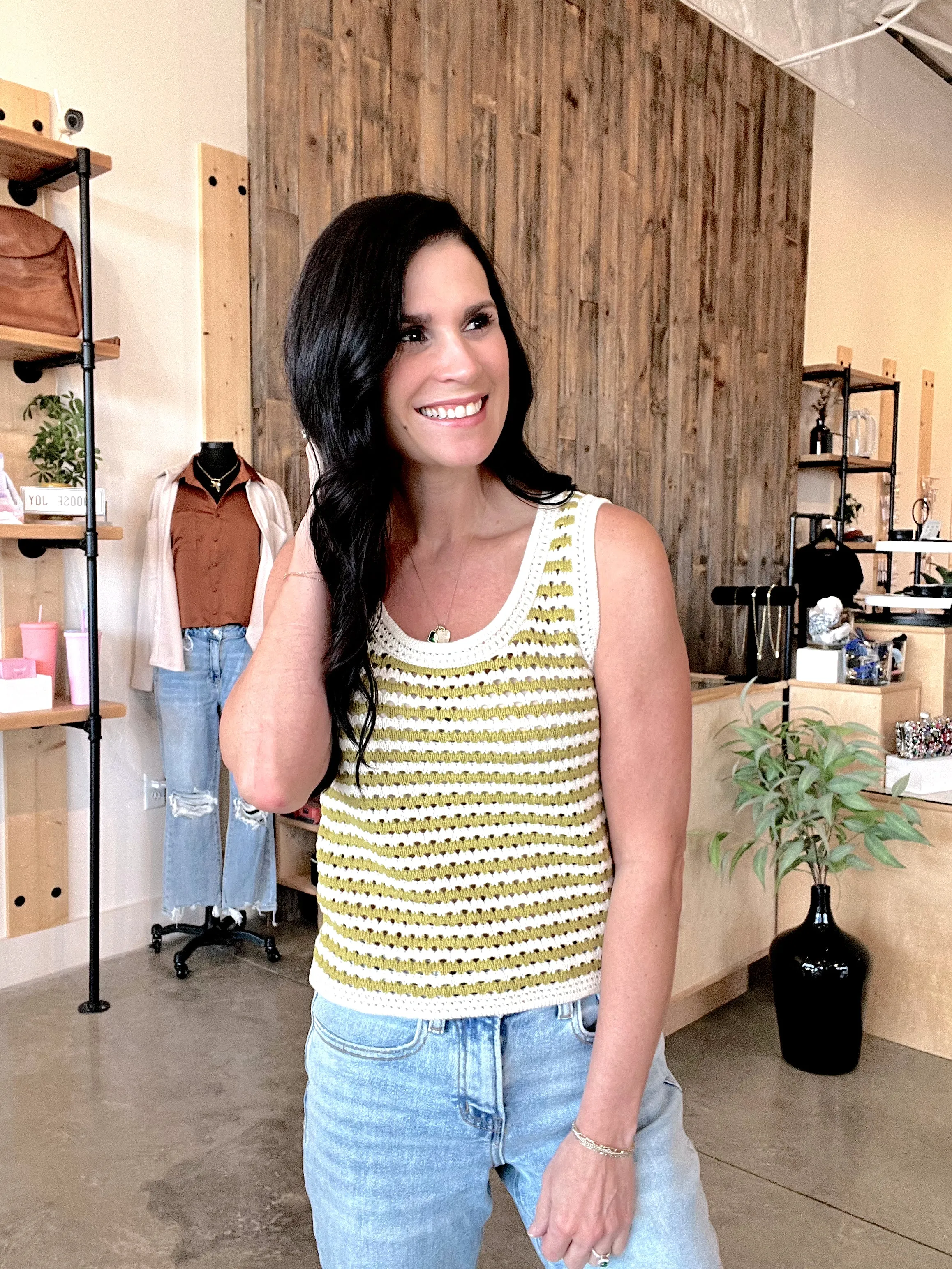 Striped Crochet Knit Tank Top in Kiwi