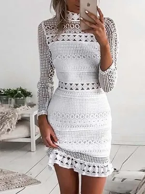 Stunncal Back Zipper Lace Splice Hollow Out Mini Dress