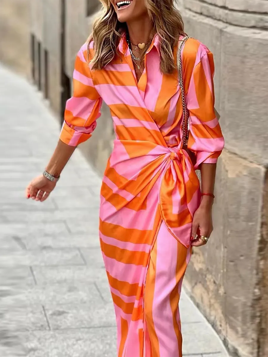 Stunncal Fashion Print Split Joint Turndown Collar Shirt Dress Dresses(3 colors)