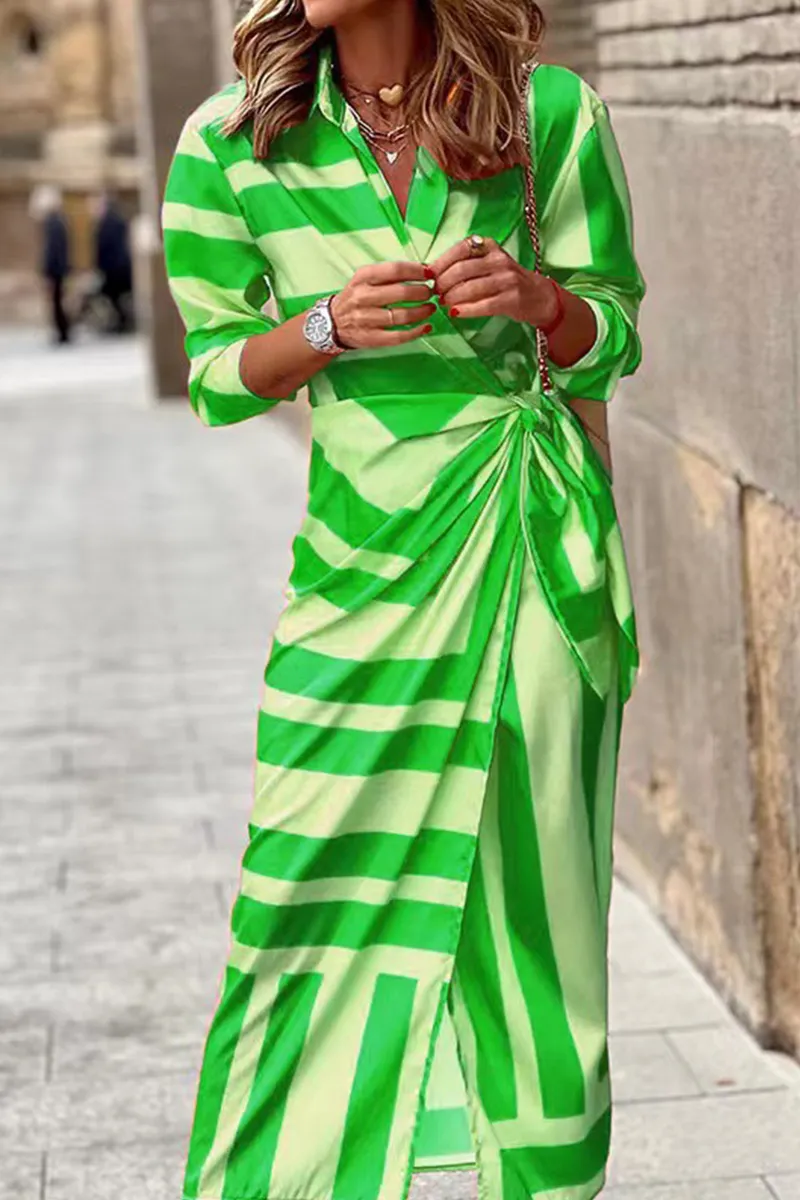 Stunncal Fashion Print Split Joint Turndown Collar Shirt Dress Dresses(3 colors)