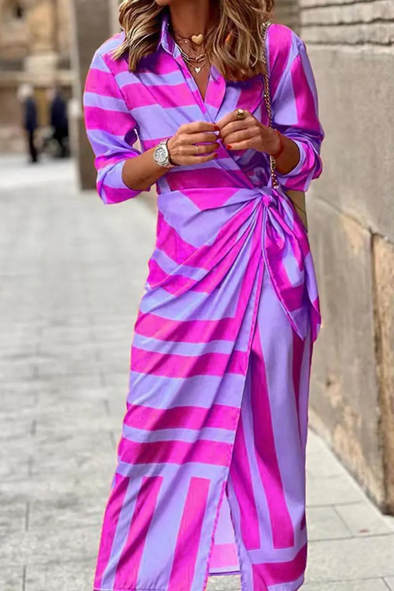 Stunncal Fashion Print Split Joint Turndown Collar Shirt Dress Dresses(3 colors)