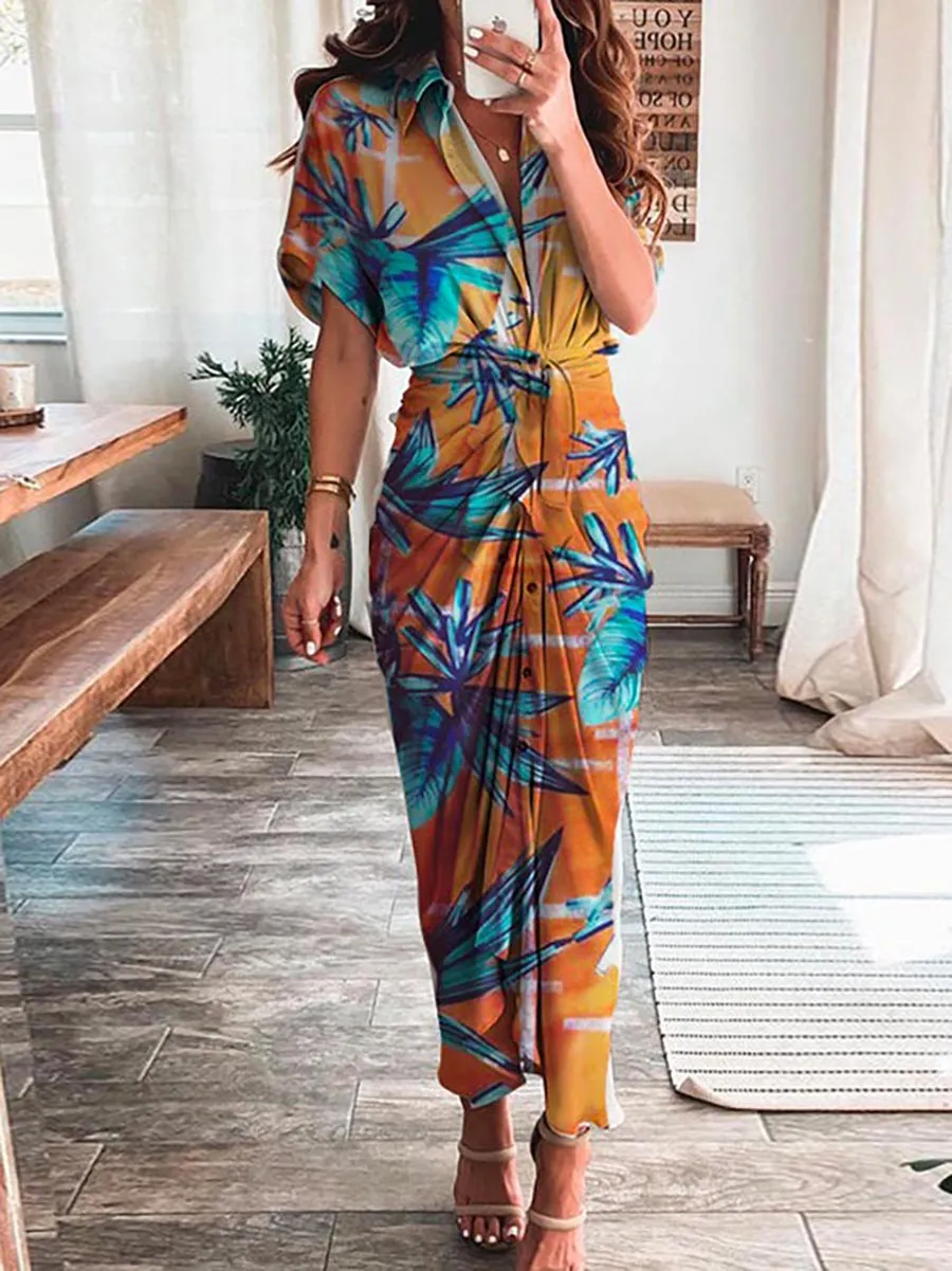 Stunncal Short Sleeve Tie Knot Waist Ruched Printed Dress