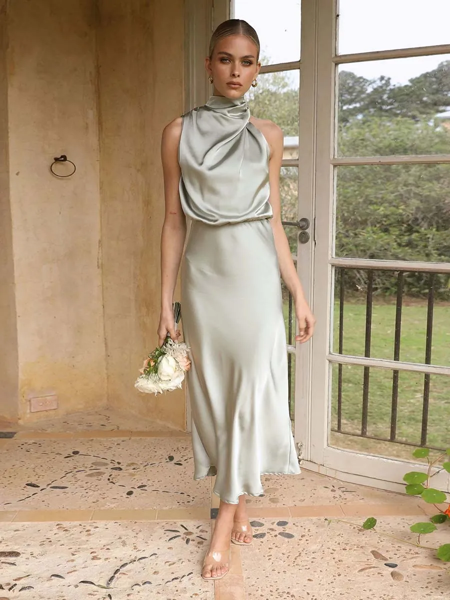 Stunncal Sleeveless Hanging Neck Solid Color Satin Dress(6 Colors)