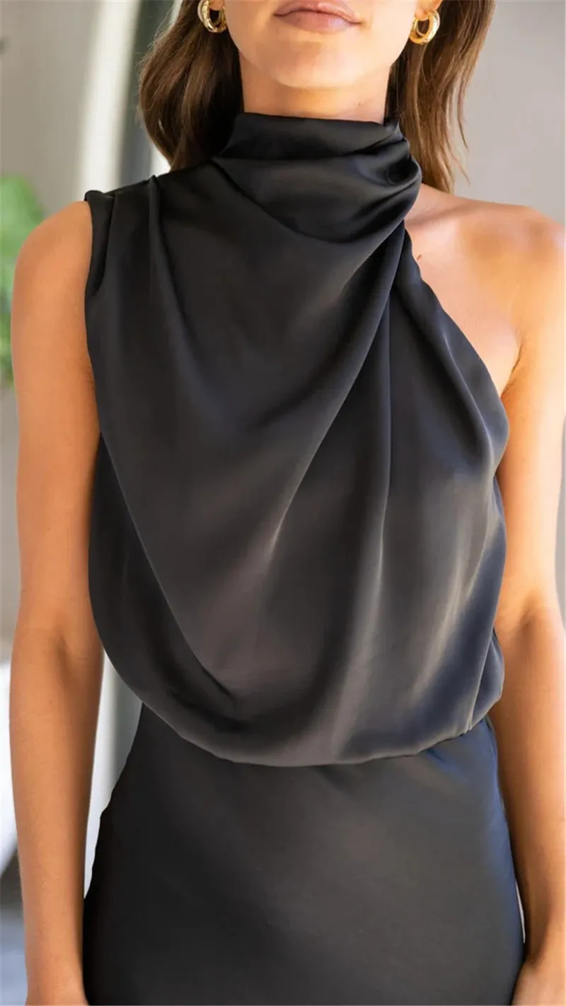 Stunncal Sleeveless Hanging Neck Solid Color Satin Dress(6 Colors)