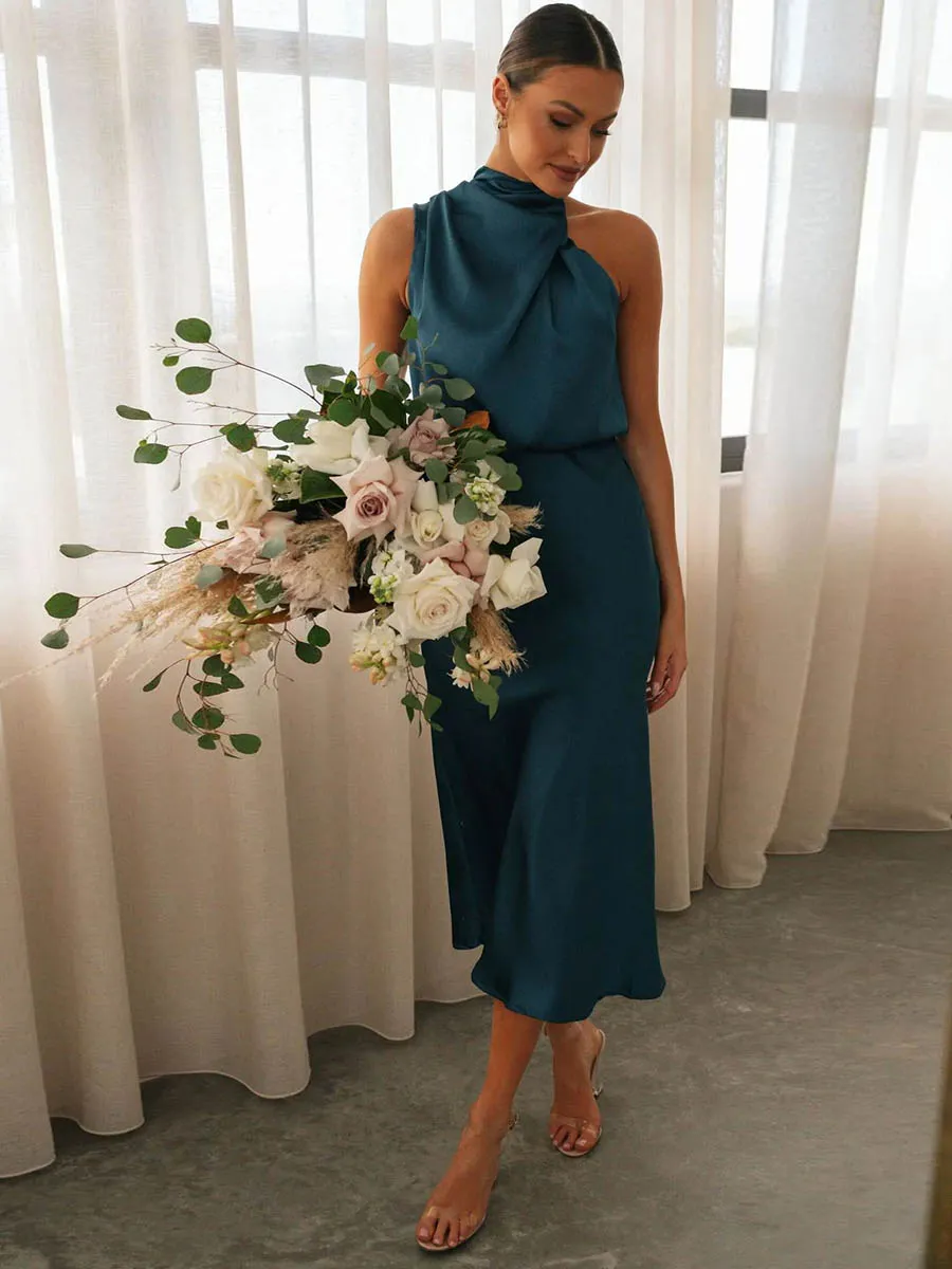 Stunncal Sleeveless Hanging Neck Solid Color Satin Dress(6 Colors)