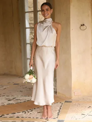 Stunncal Sleeveless Hanging Neck Solid Color Satin Dress(6 Colors)