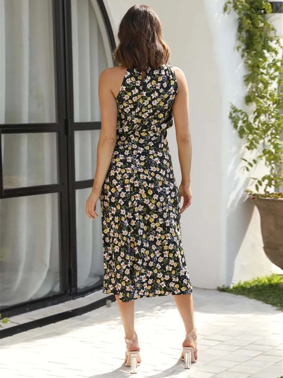 Stunncal Sleeveless Hanging Neck Solid Color Satin Dress(6 Colors)