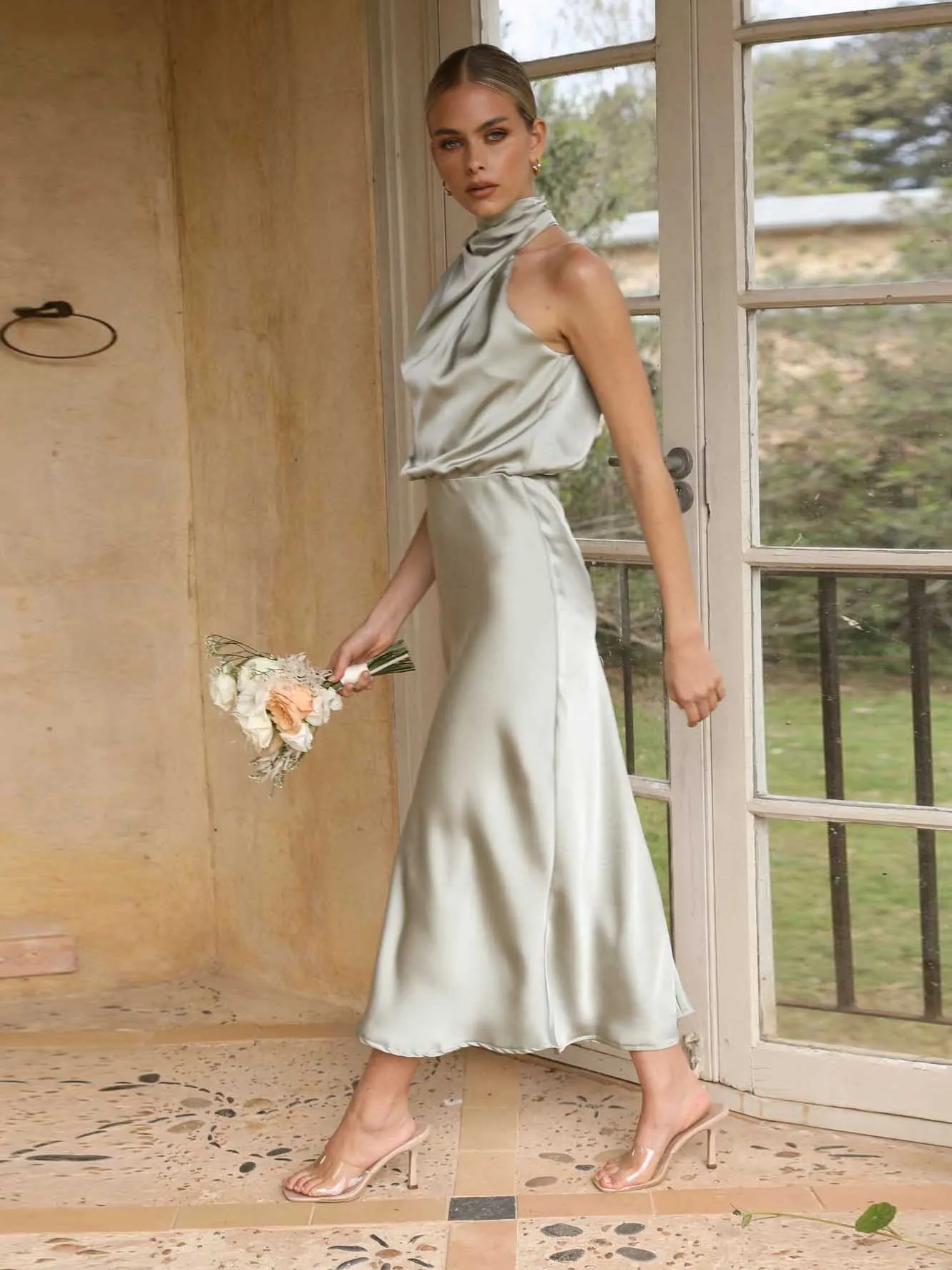 Stunncal Sleeveless Hanging Neck Solid Color Satin Dress(6 Colors)