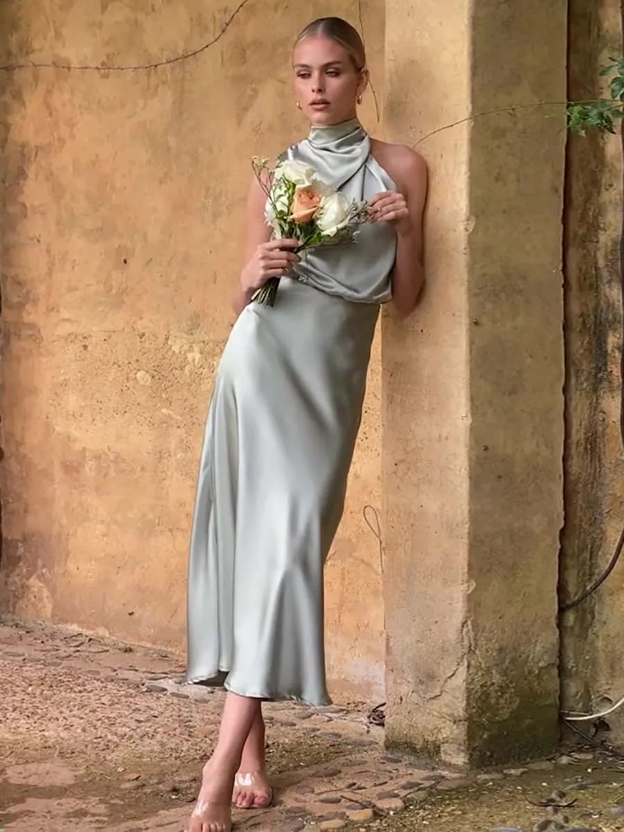 Stunncal Sleeveless Hanging Neck Solid Color Satin Dress(6 Colors)