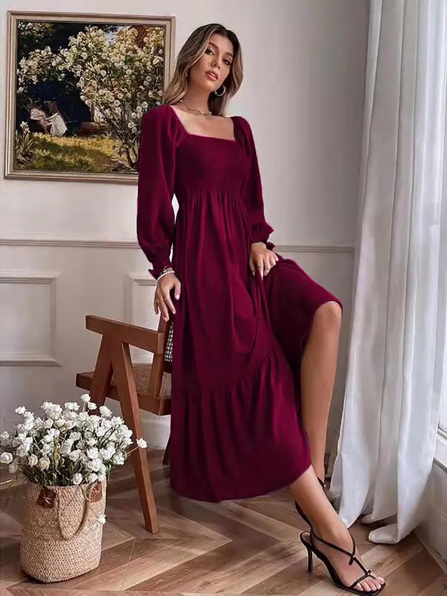 Stunncal Square Neck Long Sleeve Ruffle High Waist Dress (5 colors)