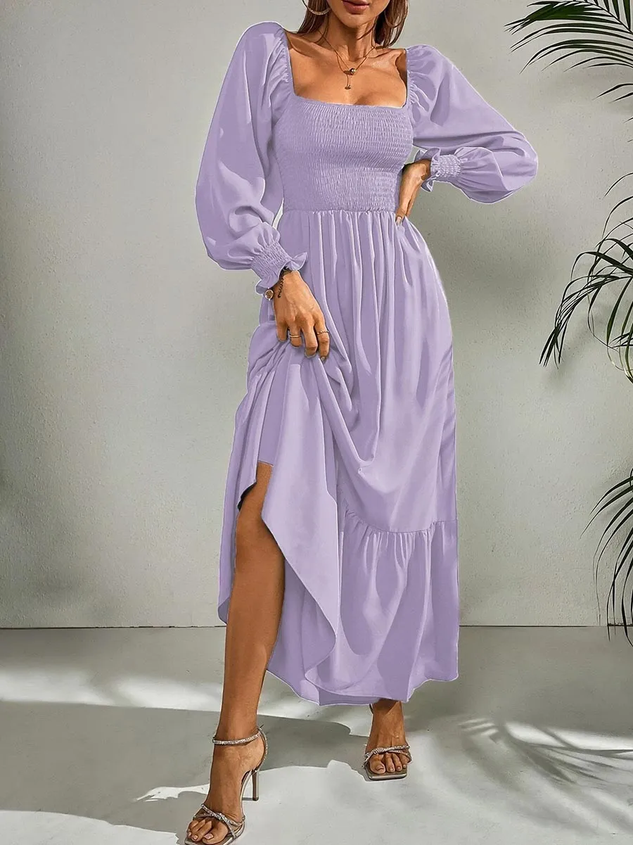 Stunncal Square Neck Long Sleeve Ruffle High Waist Dress (5 colors)