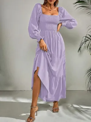 Stunncal Square Neck Long Sleeve Ruffle High Waist Dress (5 colors)