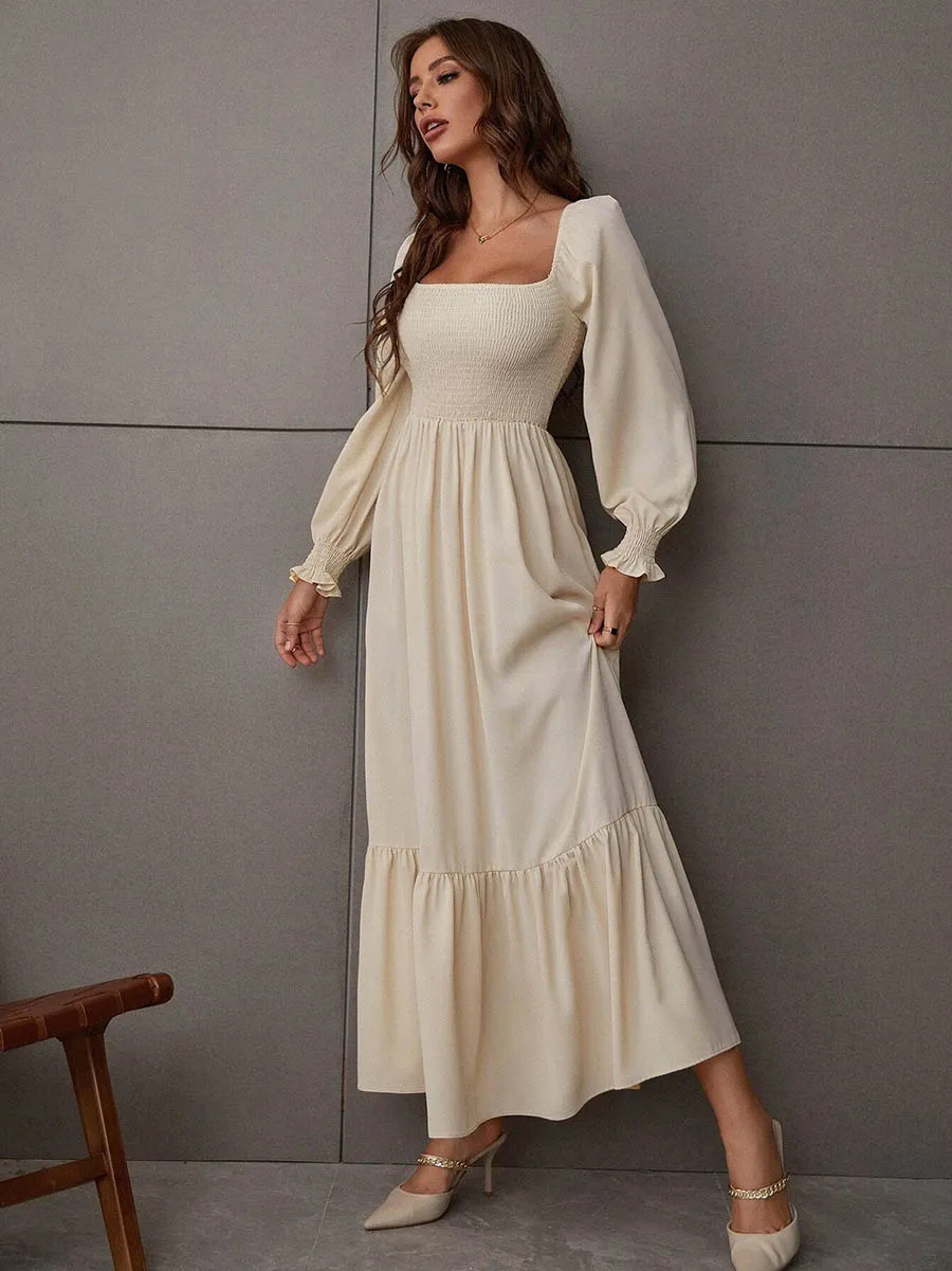 Stunncal Square Neck Long Sleeve Ruffle High Waist Dress (5 colors)
