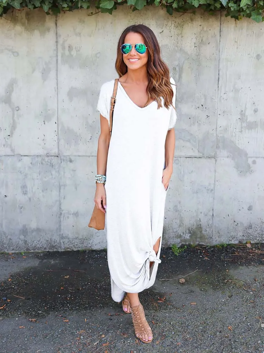 Stunncal V-Neck Pocket Split Dress(8 colors)
