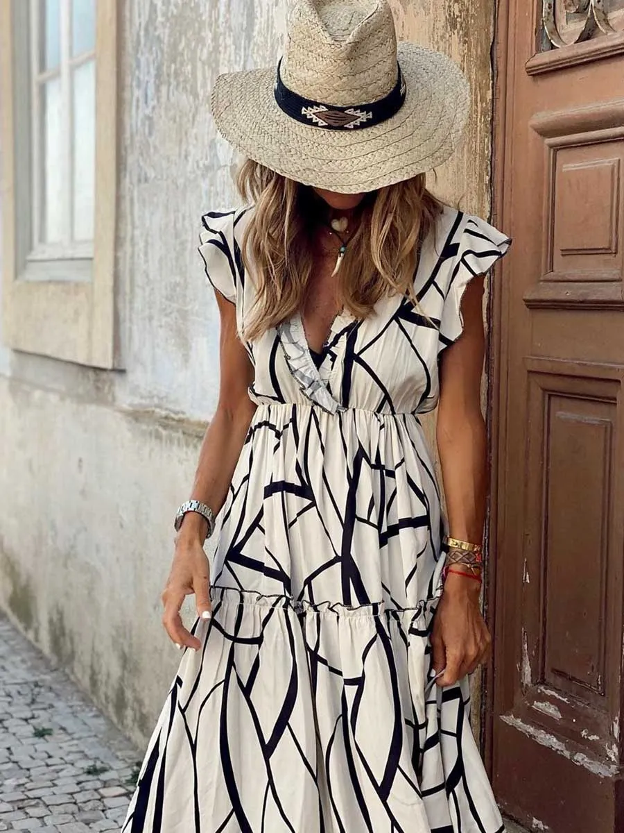 Stunncal V-Neck Print Pleated Sleeveless Dress
