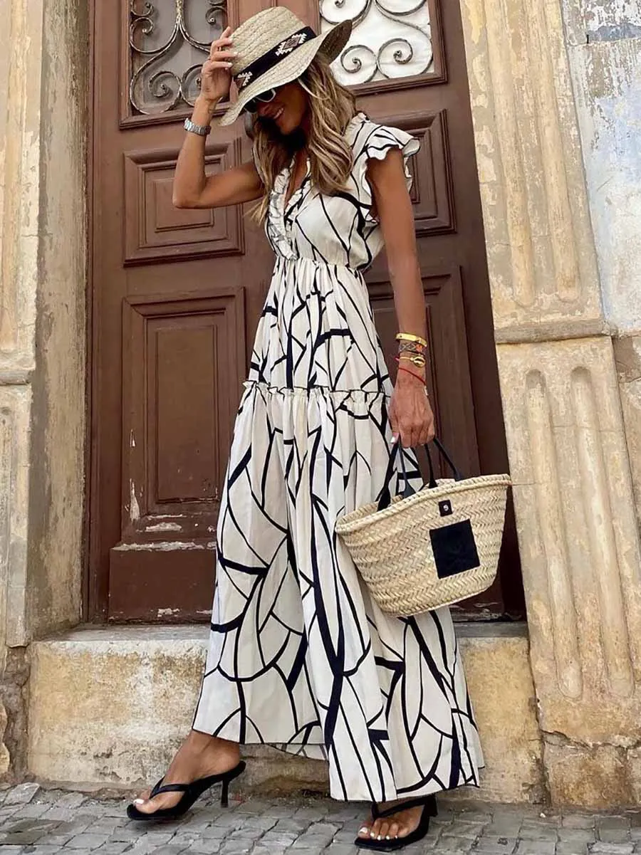 Stunncal V-Neck Print Pleated Sleeveless Dress