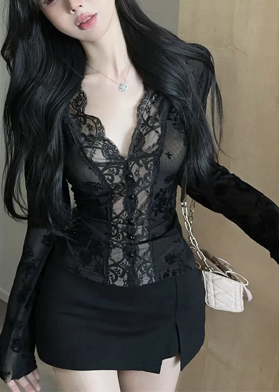 Stylish Black V Neck Sheer Lace Tops Spring YP017