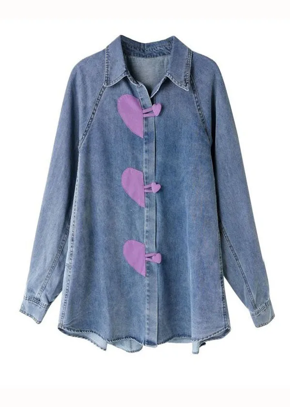 Stylish Blue Heart Button Patchwork Denim Shirts Tops