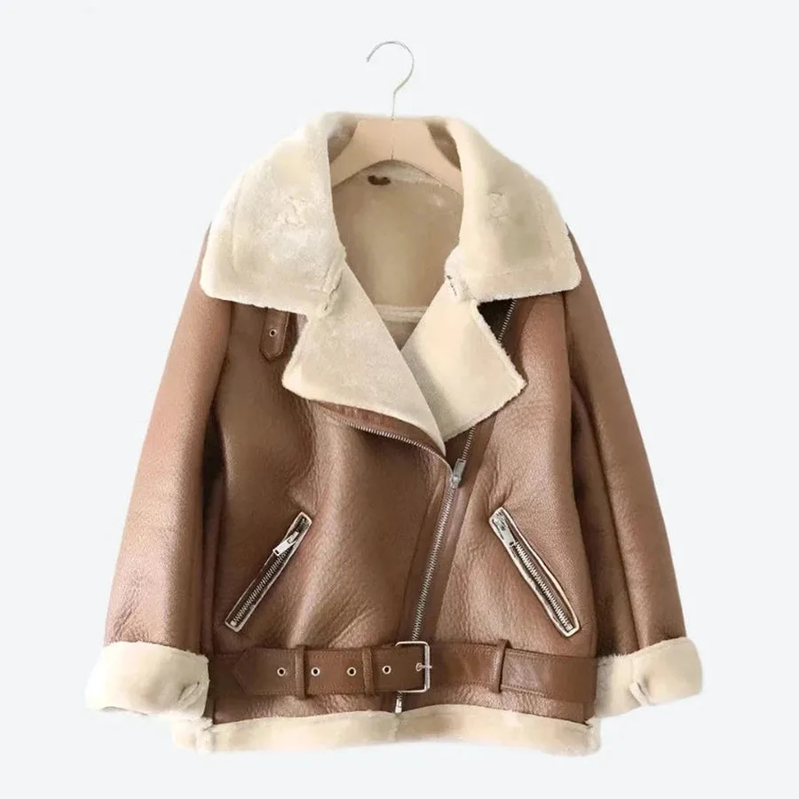 Stylish Faux Shearling Biker Jacket Tops