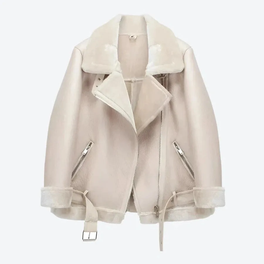 Stylish Faux Shearling Biker Jacket Tops
