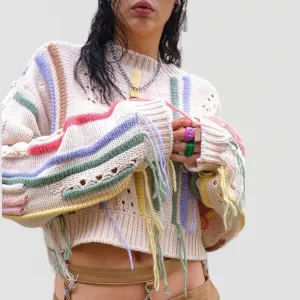 Stylish Fringed Knit Crop Sweater
