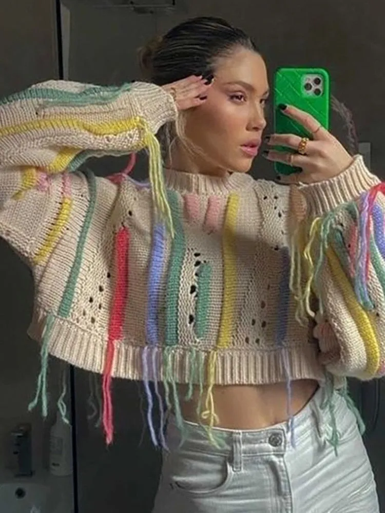 Stylish Fringed Knit Crop Sweater