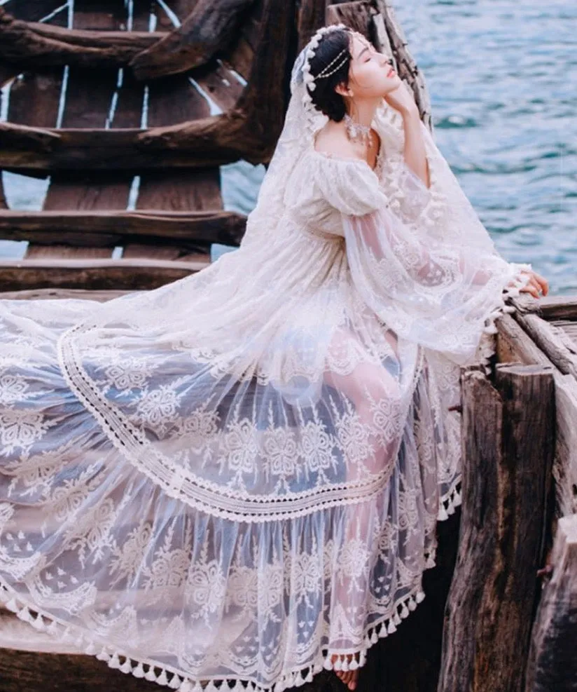 Summer Lace Long Women Dress Evening Party Maxi Vintage Lady White Off The Shoulder Floor-length Tassel Dress Tunic