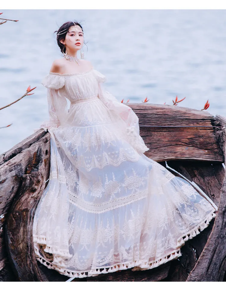 Summer Lace Long Women Dress Evening Party Maxi Vintage Lady White Off The Shoulder Floor-length Tassel Dress Tunic