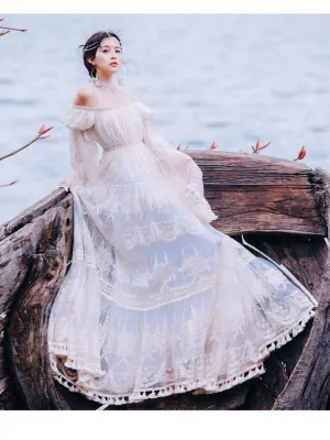 Summer Lace Long Women Dress Evening Party Maxi Vintage Lady White Off The Shoulder Floor-length Tassel Dress Tunic