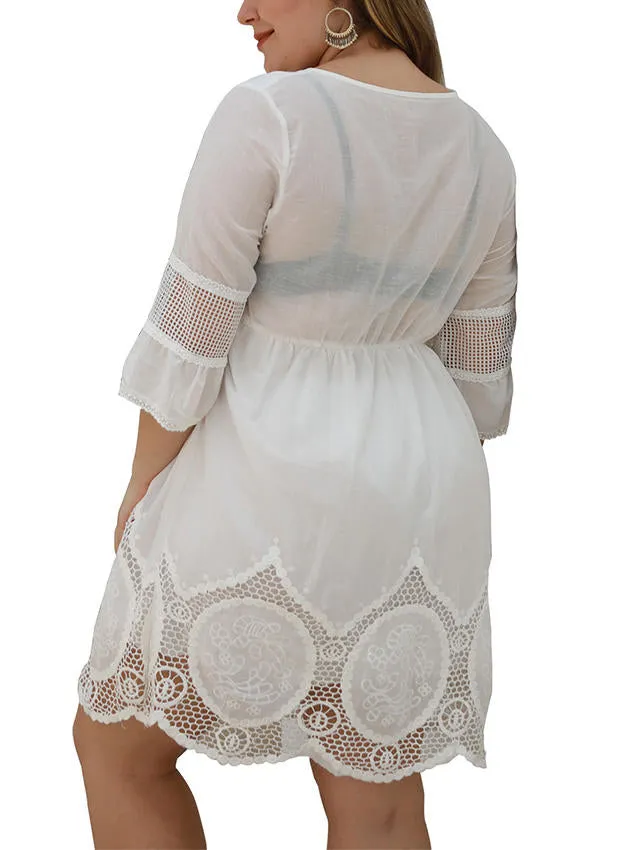 Summer Lace White Cutout Large Size Dress