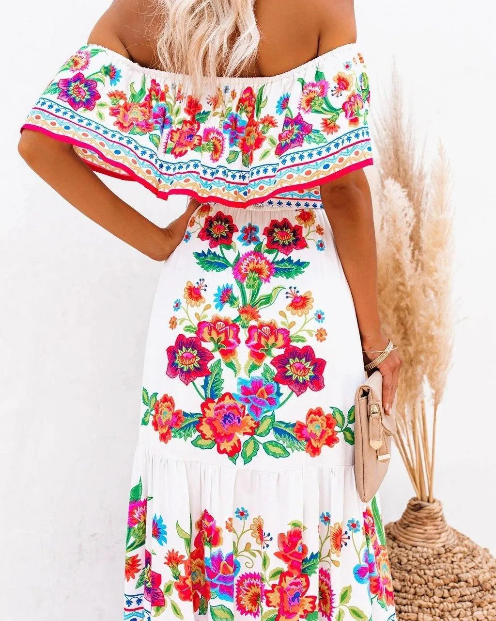 Summer Off The Shoudler Floral Print Long Dresses