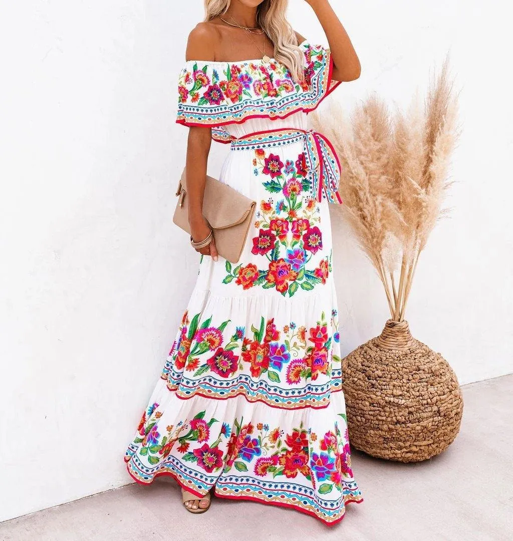 Summer Off The Shoudler Floral Print Long Dresses