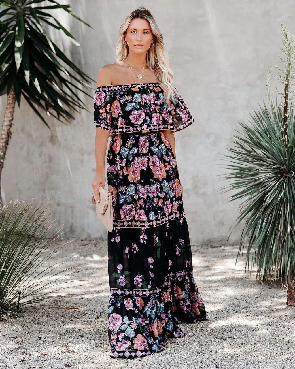Summer Off The Shoudler Floral Print Long Dresses